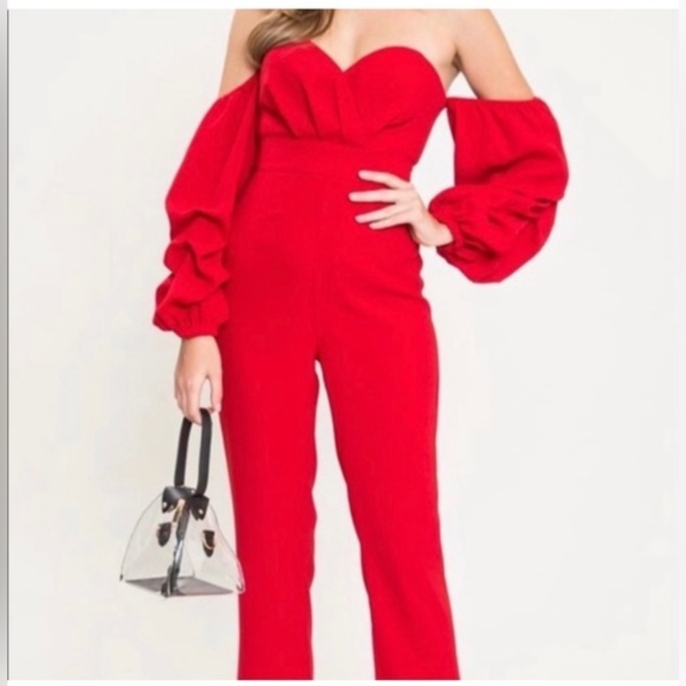 L'Atiste By Amy Sweetheart Neck Off The Shoulder Ruched Sleeve Red Jumpsuit